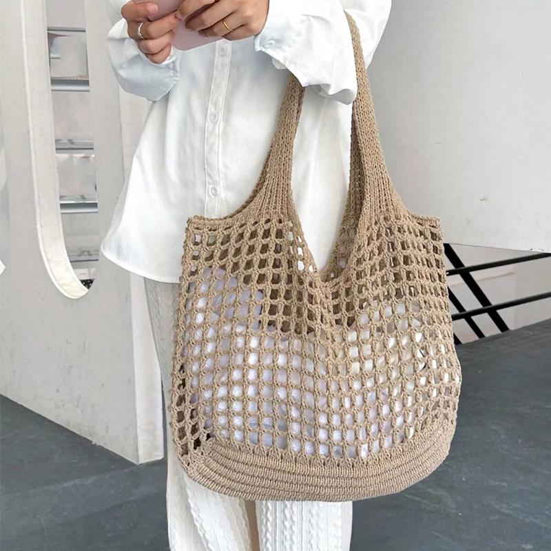 Yogodlns Casual Hollow Knitted Large Tote Bag Designer Handmade Woven Women Shoulder Bags Luxury Summer Beach Bag Shopper Purses