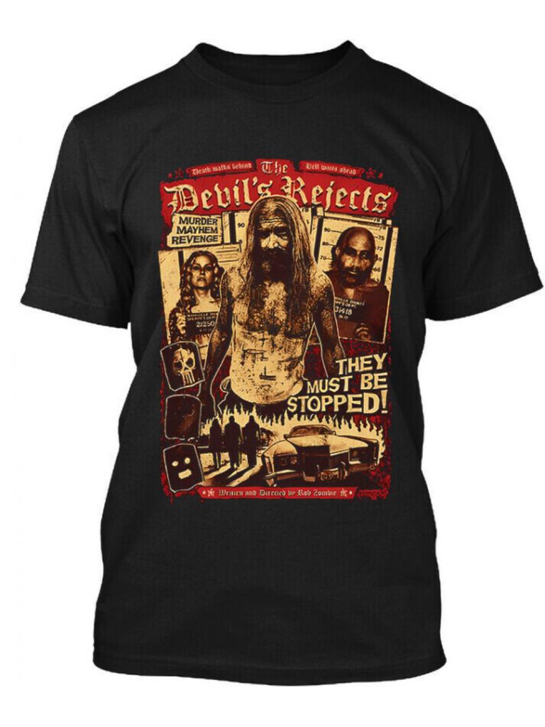 Mens Womens Horror Movie TShirt The Devils Rejection with They Can Never Be Stopped Print Black Retro Round Neck Tee