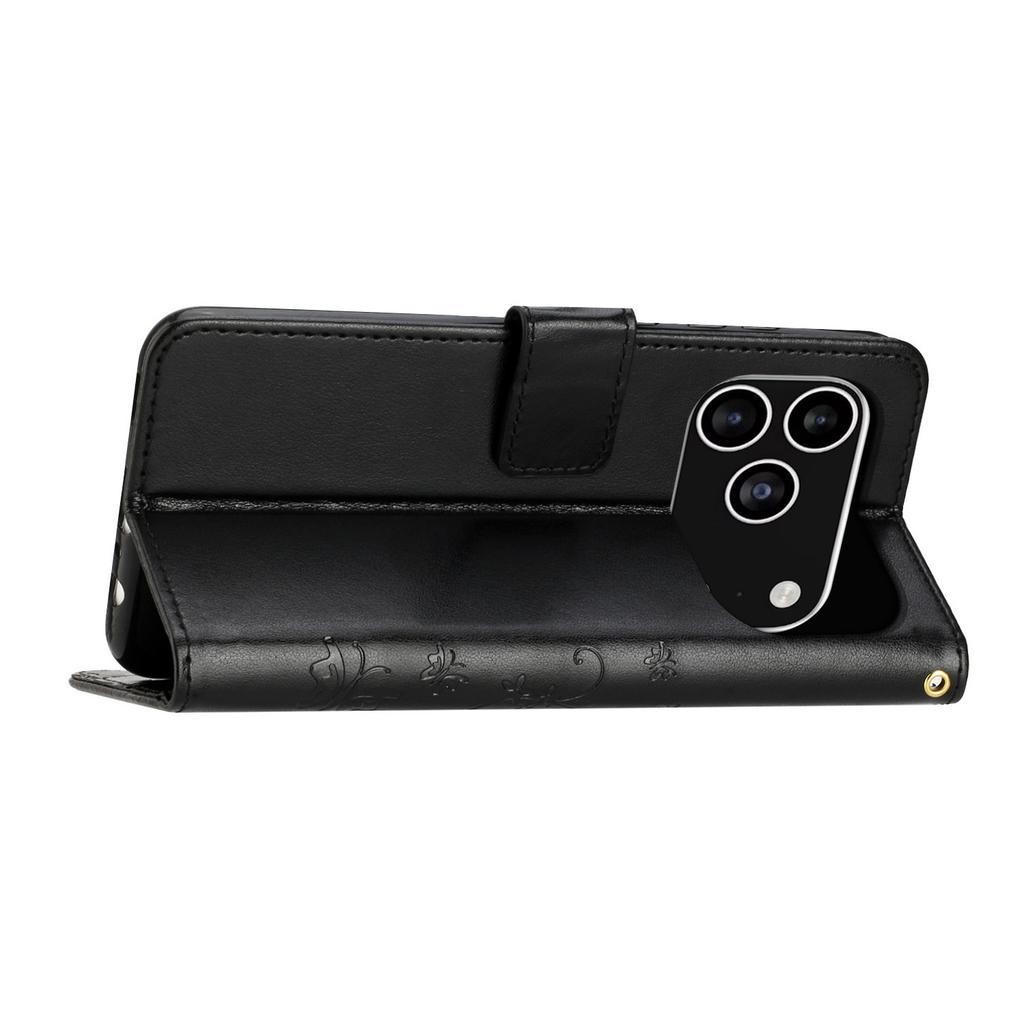 For iPhone 17 Pro Leather Wallet Case Butterfly Flower Imprinted Phone Cover with Strap