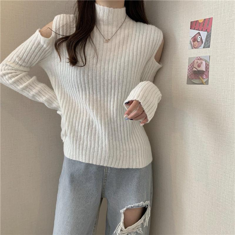 Women Turtleneck Sweaters Autumn Winter Loose Pullovers Knitted Jumper Off Shoulder Fashion Casual Knitted Sweater White Black Long Sleeve Tops