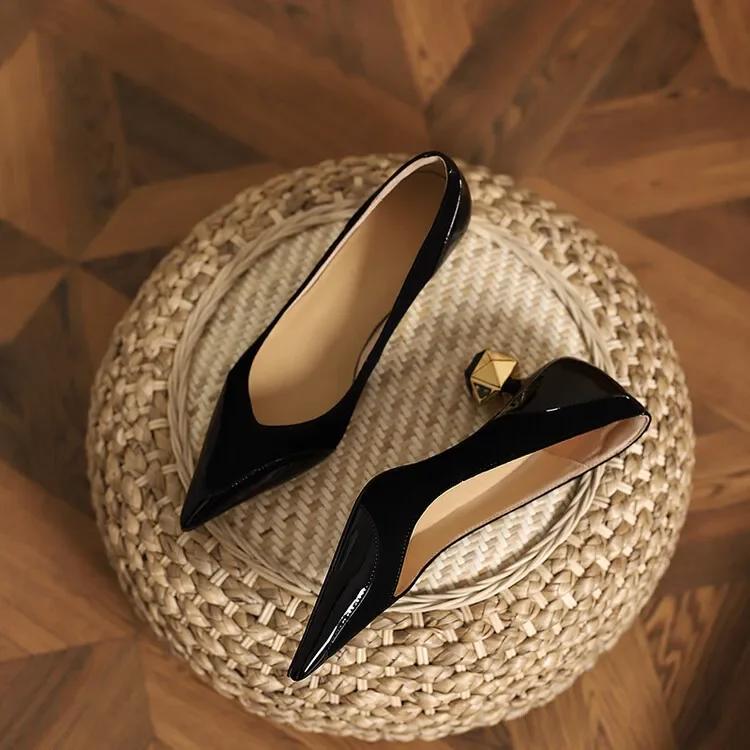 Модные туфли на среднем каблуке с высоким каблуком для женщин 2024 года, весна-осень, корейская мода, сращивание, заостренный неглубокий каблук, толстые одинарные туфли для женщин