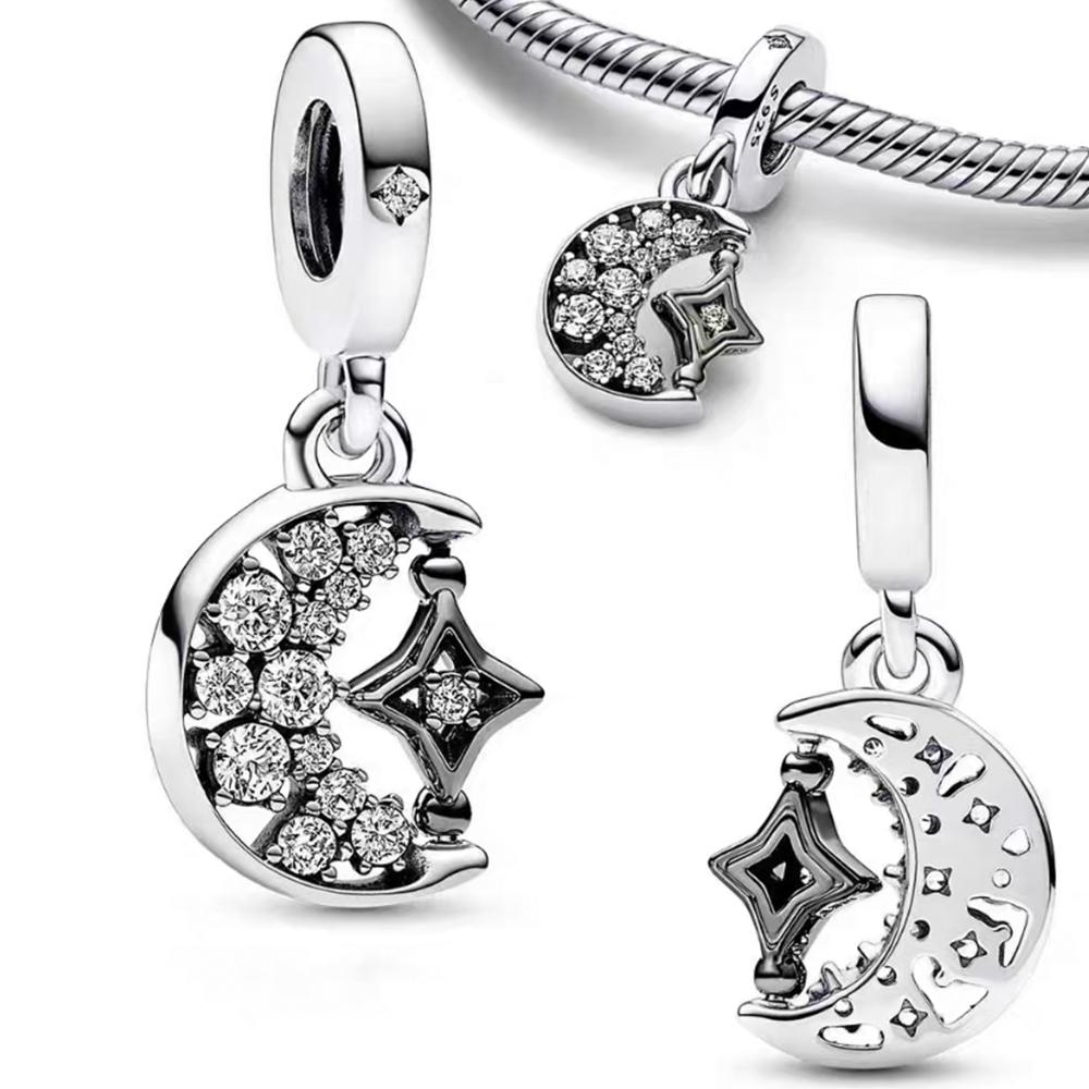 New Arrival Sparkling Crescent Moon & Spinnable Star Charms S925 Silver Fit Original Bracelet DIY for Women Gift