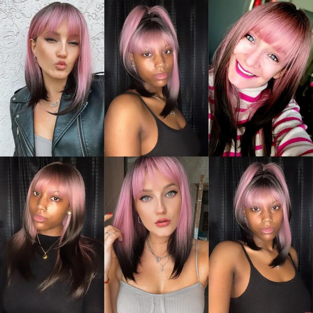 Purple Pink Ombre Black Short Straight Synthetic Wigs with Bangs Bob Wig for Women Daily Cosplay Party Heat Resistant Fake Hairs