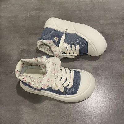 Xiaoxiangfeng цветочные парусиновые туфли женские высокие кеды 2025 новая осень нишевые на толстой подошве с круглым носком кеды ins тренд