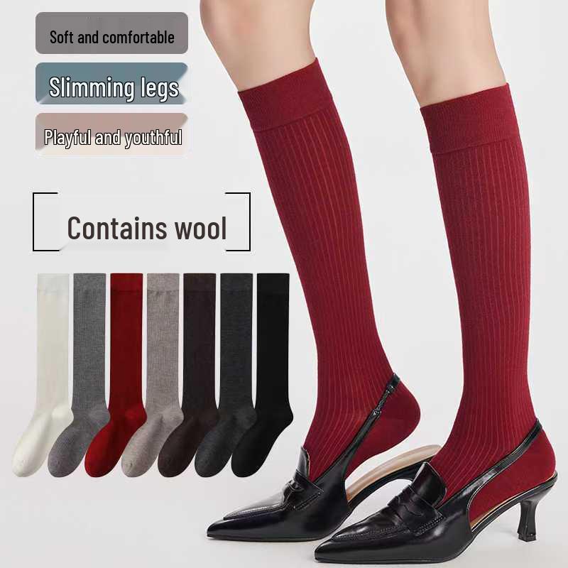 2024 Autumn/Winter Women's Angora Red Over-the-Knee Wool Socks - JK Style Vertical Stripe, Slimming Scrunched Calf.