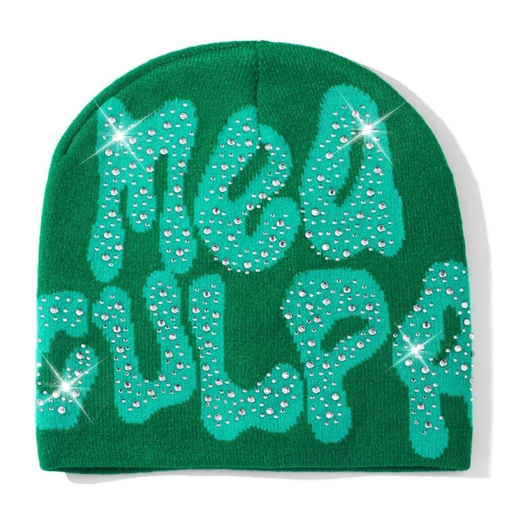 Trendy Stretch MEA Culpa Beanies Hat with Rhinestone Warm Soft y2k Beanies Hats Knitted Hip-hop Hat for Women Men
