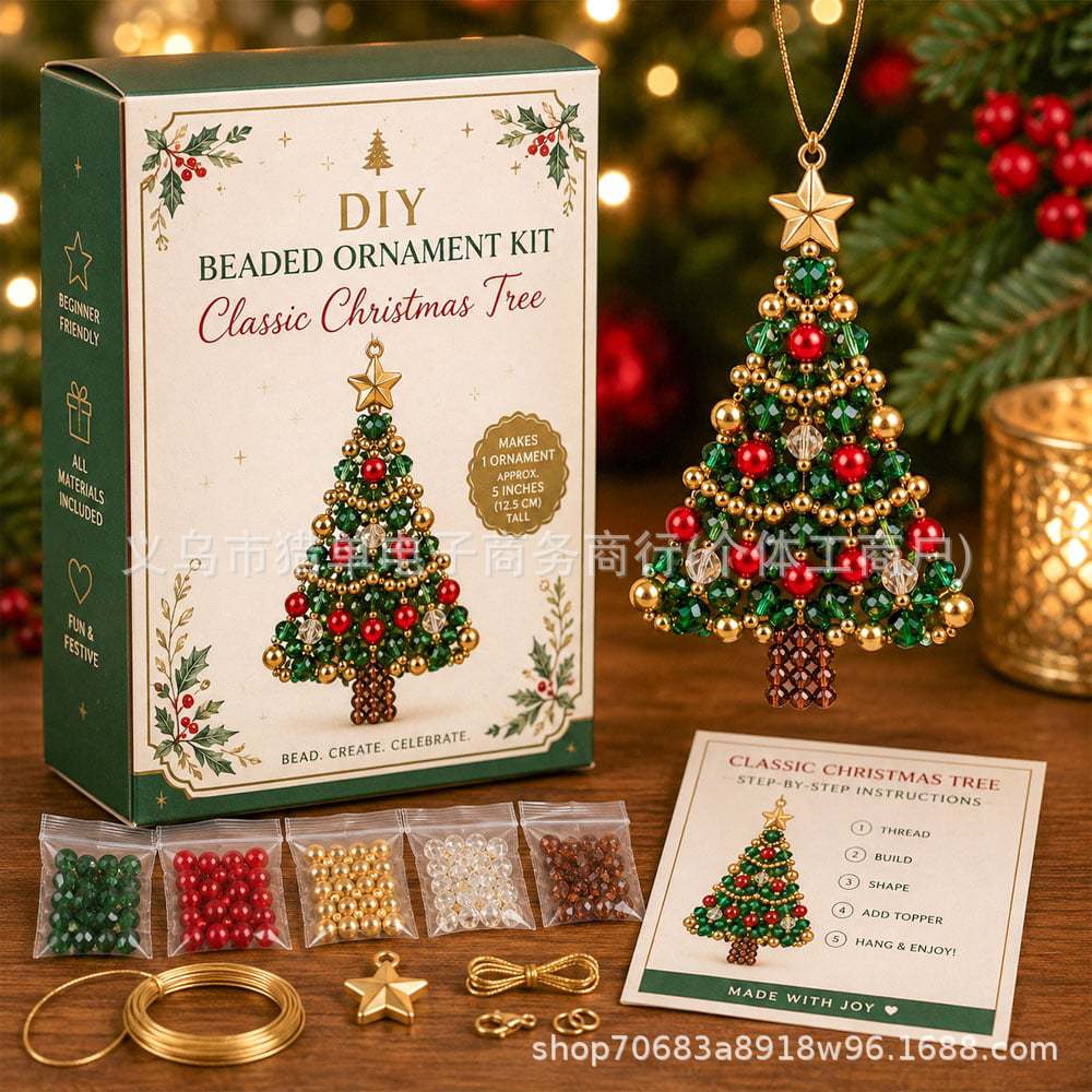 DIY Christmas Tree Beaded Ornament Kit Handmade Sparkling Holiday Craft Set with Beads, Wire, and Tools for Family Fun