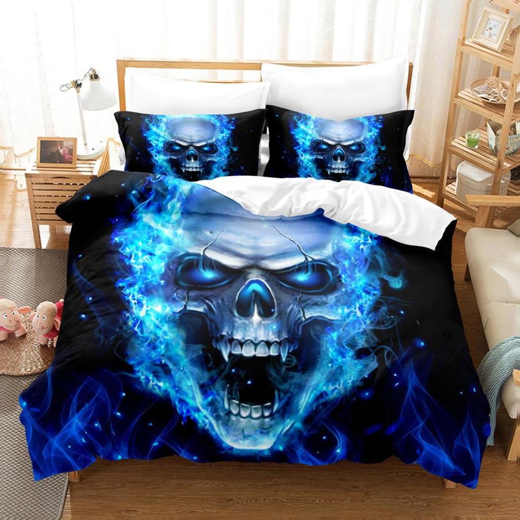 3D Printed Skull Head Bedding Set Halloween Themed Down Duvet Cover Pillowcases, 2/3 Pieces, Boys Room Horror Pattern Quilt Cover