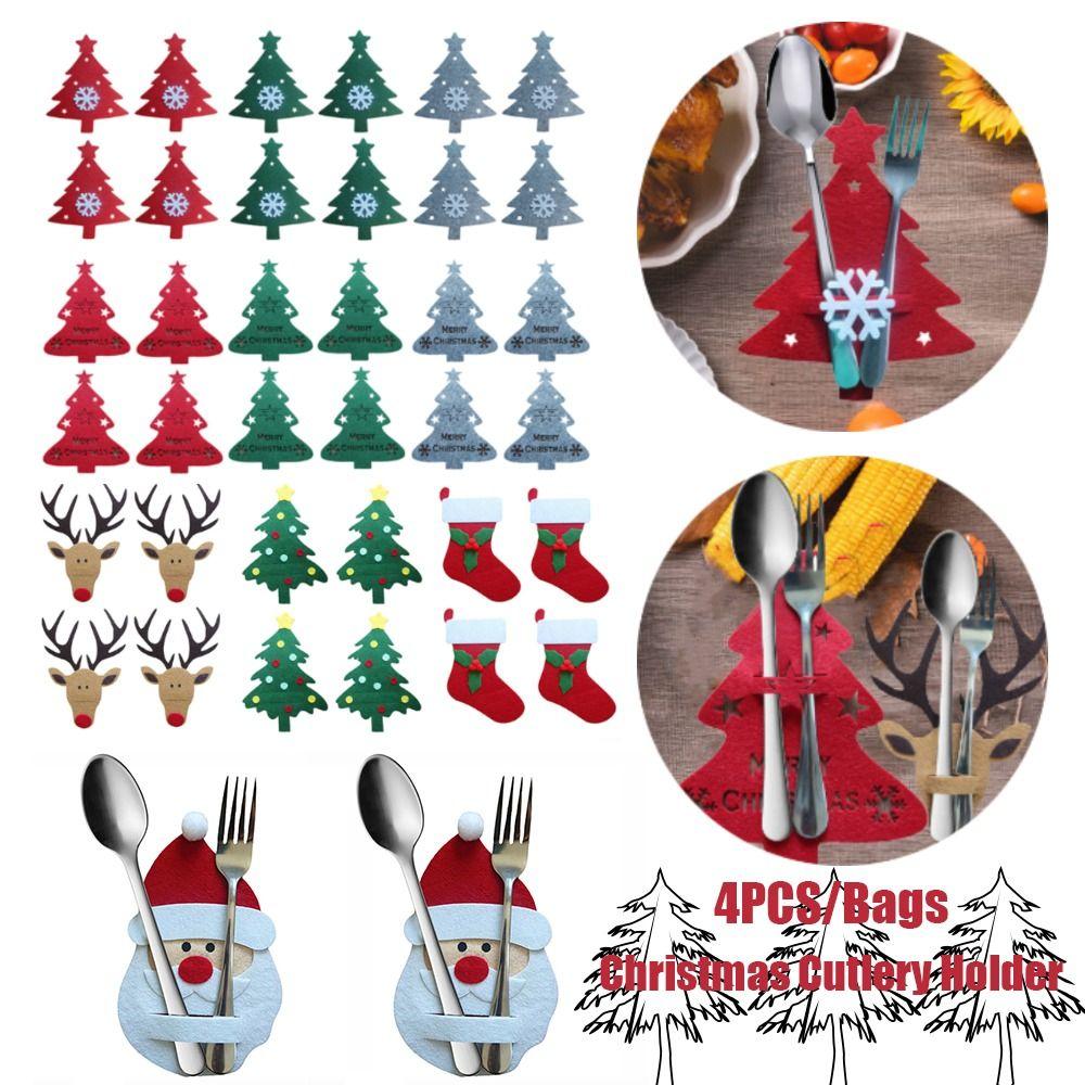 4 шт. Нетканый материал Рождественский держатель для столовых приборов Санта-Клаус Рождественская елка Карман для столовых приборов Сумка для столовых приборов Чехол для столовых приборов с лосем
