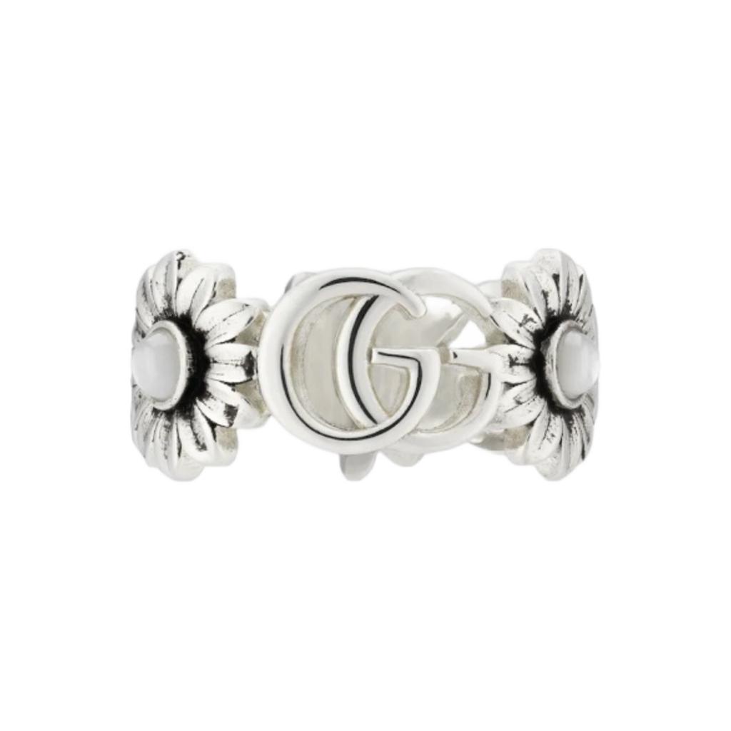 Gucci GG Marmont Double G Floral Detail Vintage Style Matte 925 Silver Ring Women rings 527394-J8440-8184