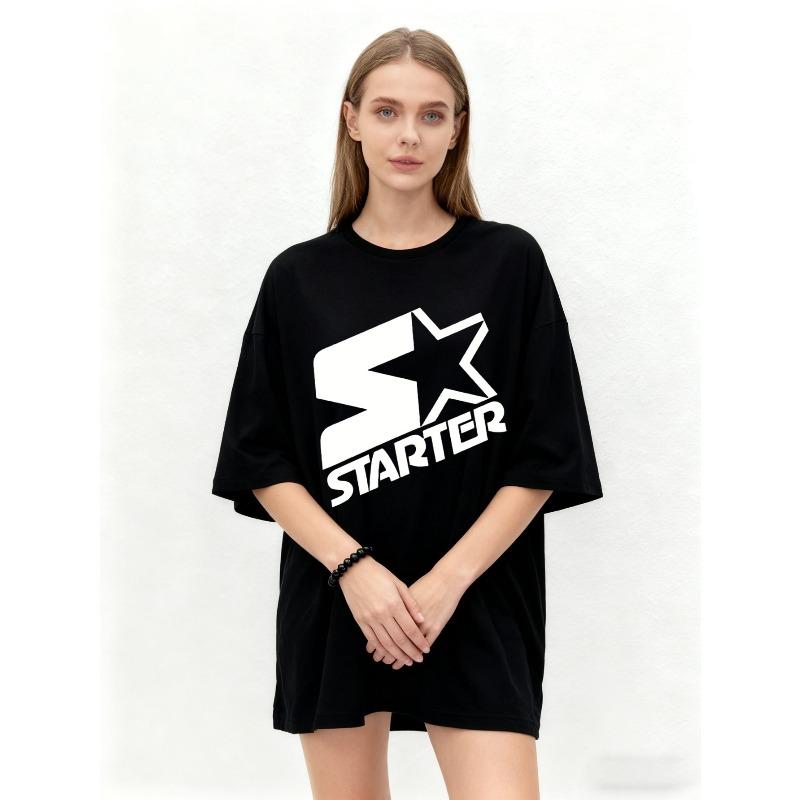 Футболка оверсайз черная с логотипом Starter и принтом звезды, повседневный уличный стиль, модный топ для женщин