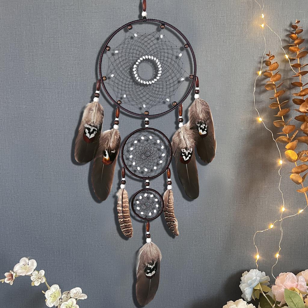Black Dreamcatcher Hanging Decoration Feather Wind Chime Handmade Handwoven Creative Wall Hanging Triple Rings Pendant