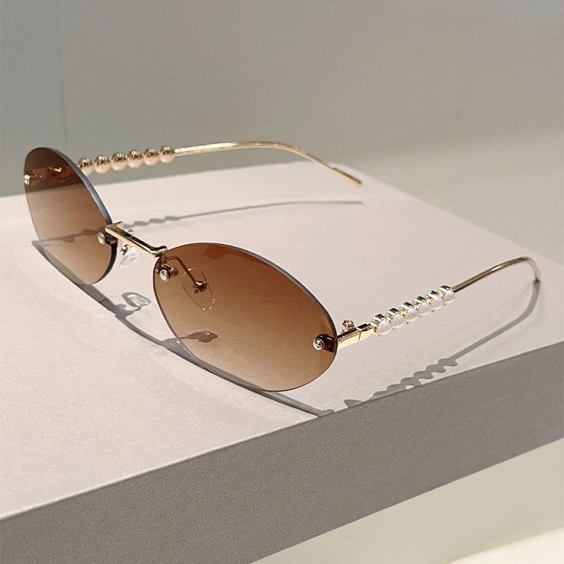 Винтажные овальные солнцезащитные очки без оправы женские мужские дизайнерские люксового бренда солнцезащитные очки панк популярные жемчужные элегантные очки УФ400