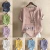 Women's Fashion Round Neck Short Sleeve T-shirt Casual Cotton Linen Graphic Shirt Leisure Loose Girls Prined Summer Blouse Tops