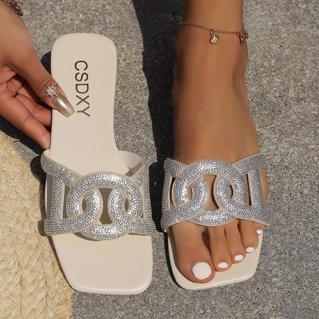 Стразы шлепанцы на плоской подошве женские квадратный носок один педаль домашние тапочки внешняя торговля большой размер FlatSlippers