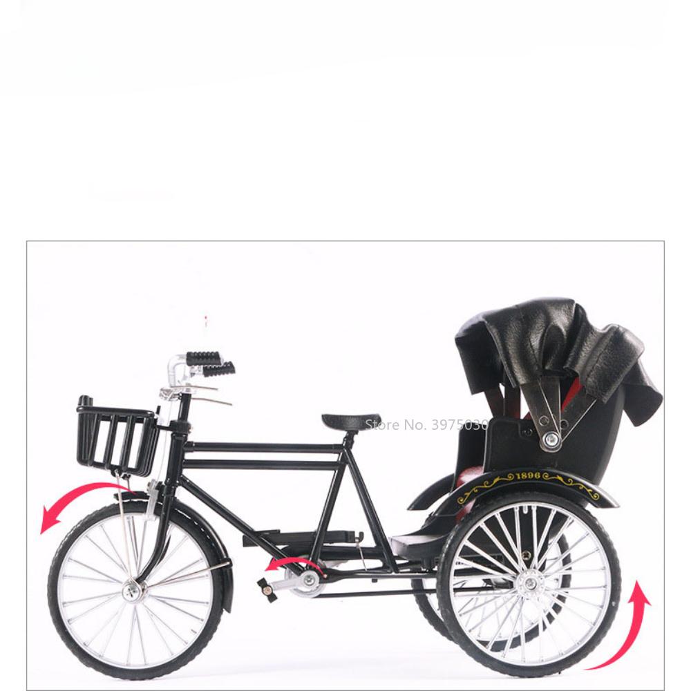 1/10 Scale Alloy Classic Retro Rickshaw Car Model Diecasts Metal Tricycle Handcart Vehicles Model Simulation Children Toys Gifts
