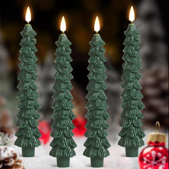4Pcs LED Flameless Christmas Tree Taper Candles with Remote Control 3D Flame Flickering Window Candlesticks Set