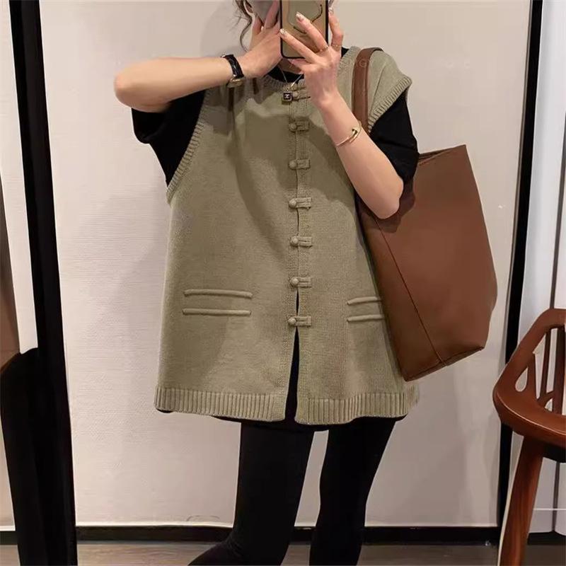 Пуговица ретро темперамент без рукавов вязаный свитер жилет новый осенний свободный свитер женский жилет средний и длинный модный