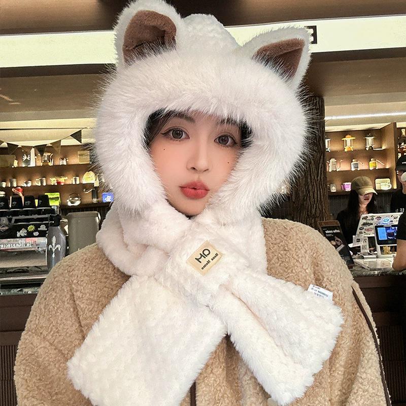 WTEMPO Autumn Winter Cute Plush Hats Women Solid Color Warm Ear Protection Hats Casual Versatile Outdoor Scarf Hats