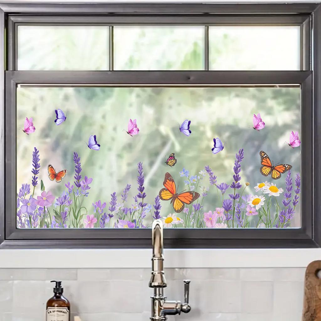 Лавандовые наклейки-бабочки на окна, Декоративные наклейки на оконное стекло, Самоклеящиеся полупрозрачные наклейки для окон и дверей