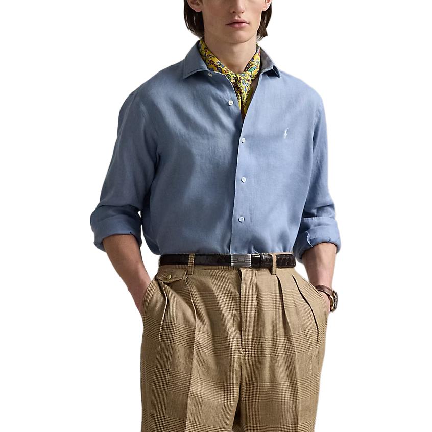 Polo Ralph Lauren Классическая льняная рубашка в гусиную лапку однотонная Мужские рубашки Синий 710964778-011