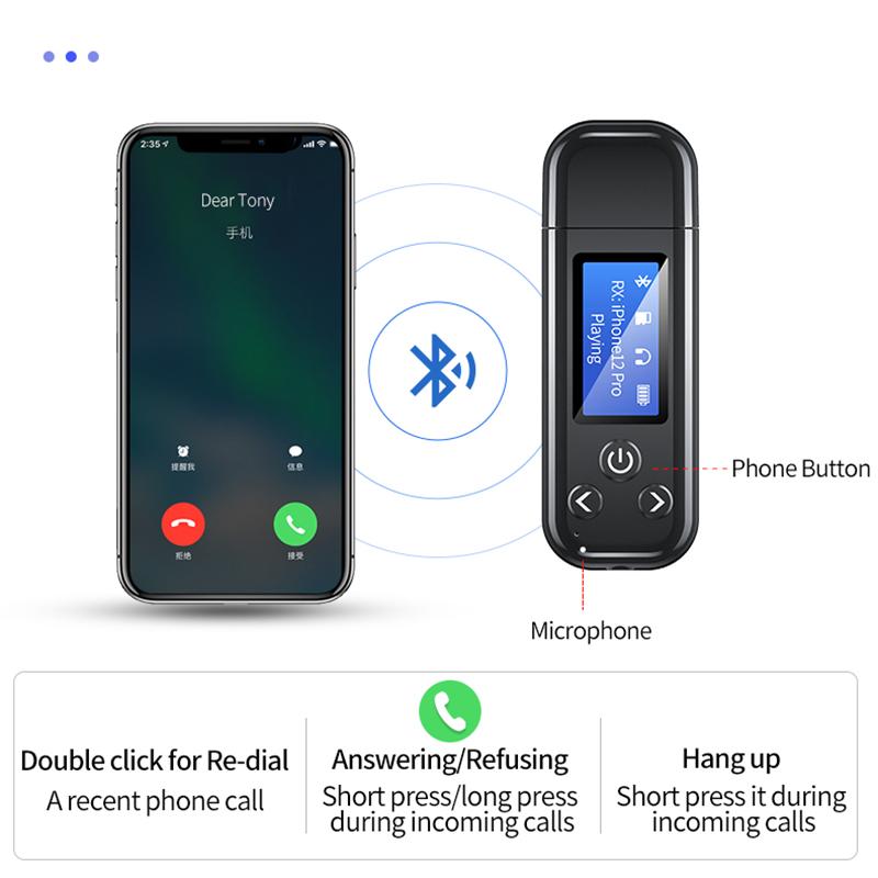 VAORLO ЖК-дисплей Bluetooth 5.0 Аудио передатчик Приемник USB 3,5 мм Стерео музыка Беспроводной адаптер 2-в-1 Plug and Play TF Card Play для наушников