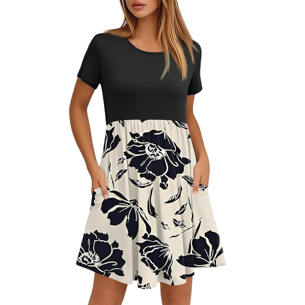 Women's Fashion Casual Loose Round Neck Short Sleeve Printed Pocket Dresses