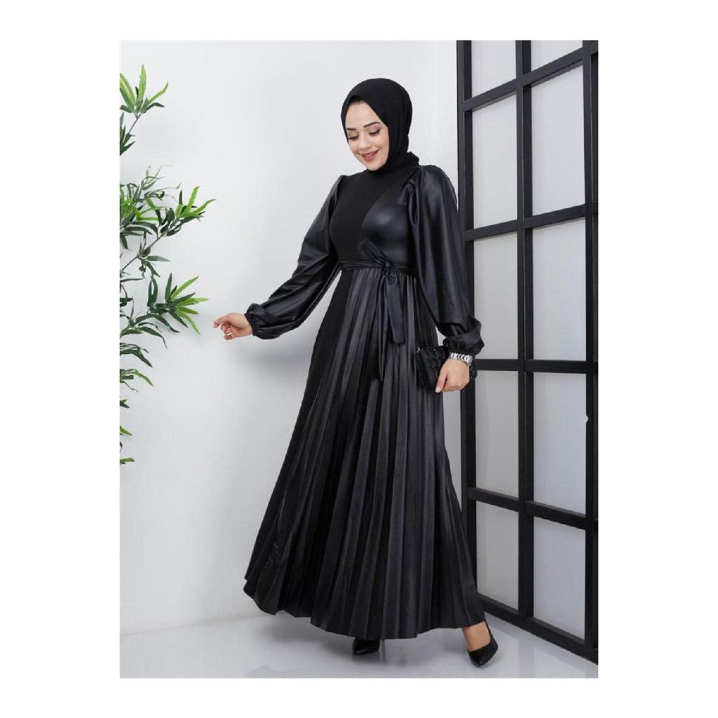 Женское базовое скромное стильное сезонное зимнее кожаное платье-хиджаб Brmck с украшением