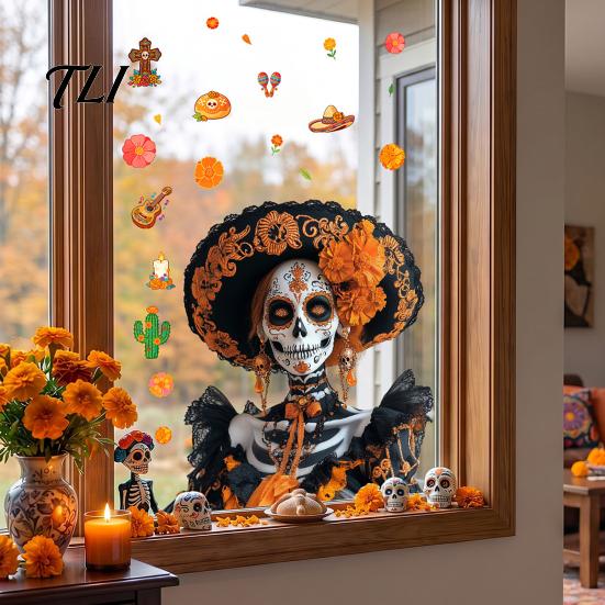 Mexican Fiesta Party Decorations Day of The Dead Window Clings, Halloween Double-Sided Skull Sticker, Ethnic Pattern Wall Art Colorful Flower Skeleton