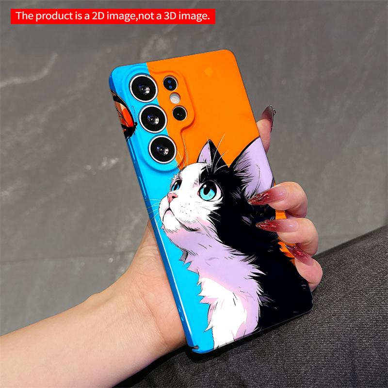 2DFlat Samsung phone case Blue-Orange Cat & Butterfly Art Phone Case Applicable to Galaxy S22 S23 S24 S25ULTRA S26 A12 A13 A14 A15 A16