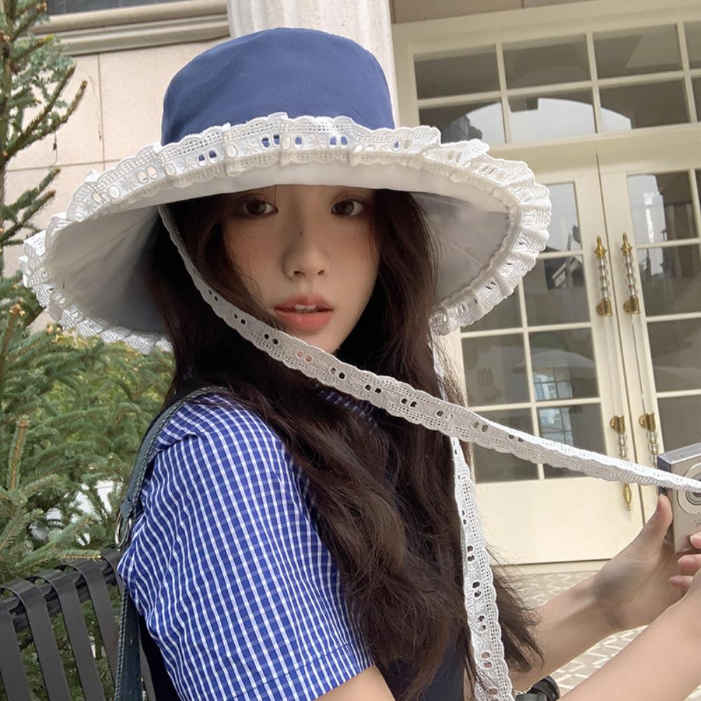 Sweet Cowboy Fisherman Hat French Style Women's Sun Hat Sunscreen Lace Ribbon Hat Girls