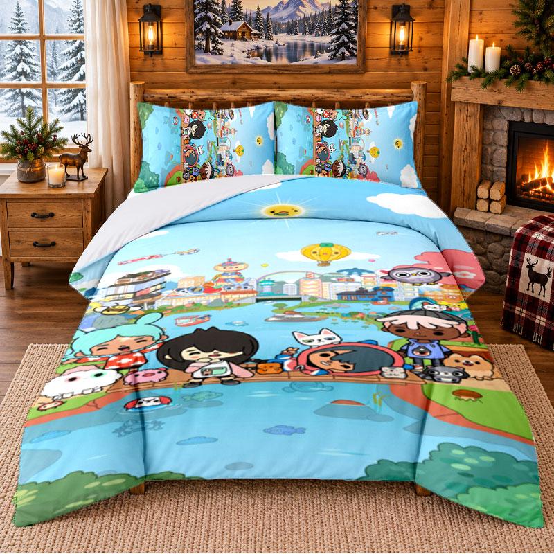 Toca Boca Pattern Bedding 3Pcs Set Bed Sheet And Pillowcases For Indoor Bedroom
