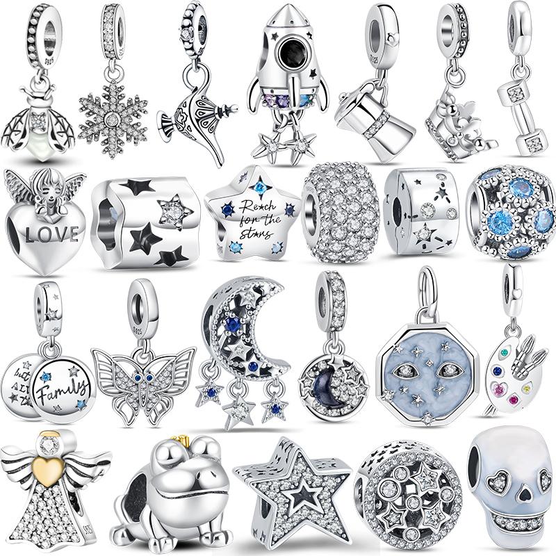 Настоящее серебро 925 пробы цвет светлячок снежинка звездный фианит блестящие подвески паве бусины подходят оригинальные браслеты для женщин ювелирные украшения
