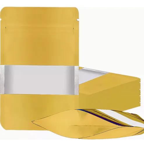 Matte Gold Window Stand Up Pouches 10×15cm Bottom Gusset 50g Capacity 100 Pack Resealable Plastic Bags