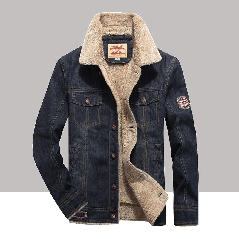 Winter Plush Thick Casual Jacket Men's Lamb Wool Denim Jacket Workwear Denim Cotton Jacket