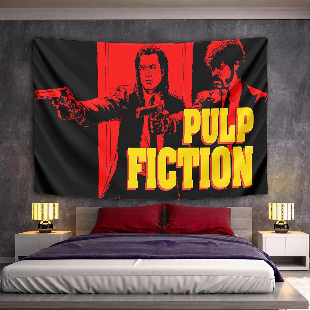 Two individuals holding guns with bold "Pulp Fiction" text in yellow. Patterned tapestry for bedroom and living room home decor