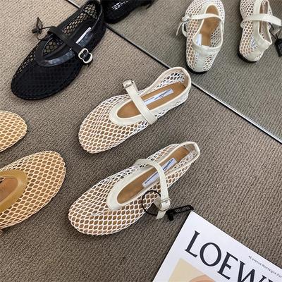 Популярные круглые пряжки, балетки, женские сетчатые туфли на плоской подошве с вырезами, одинарные туфли Мэри Джейн, туфли-рыболовная сеть, сандалии