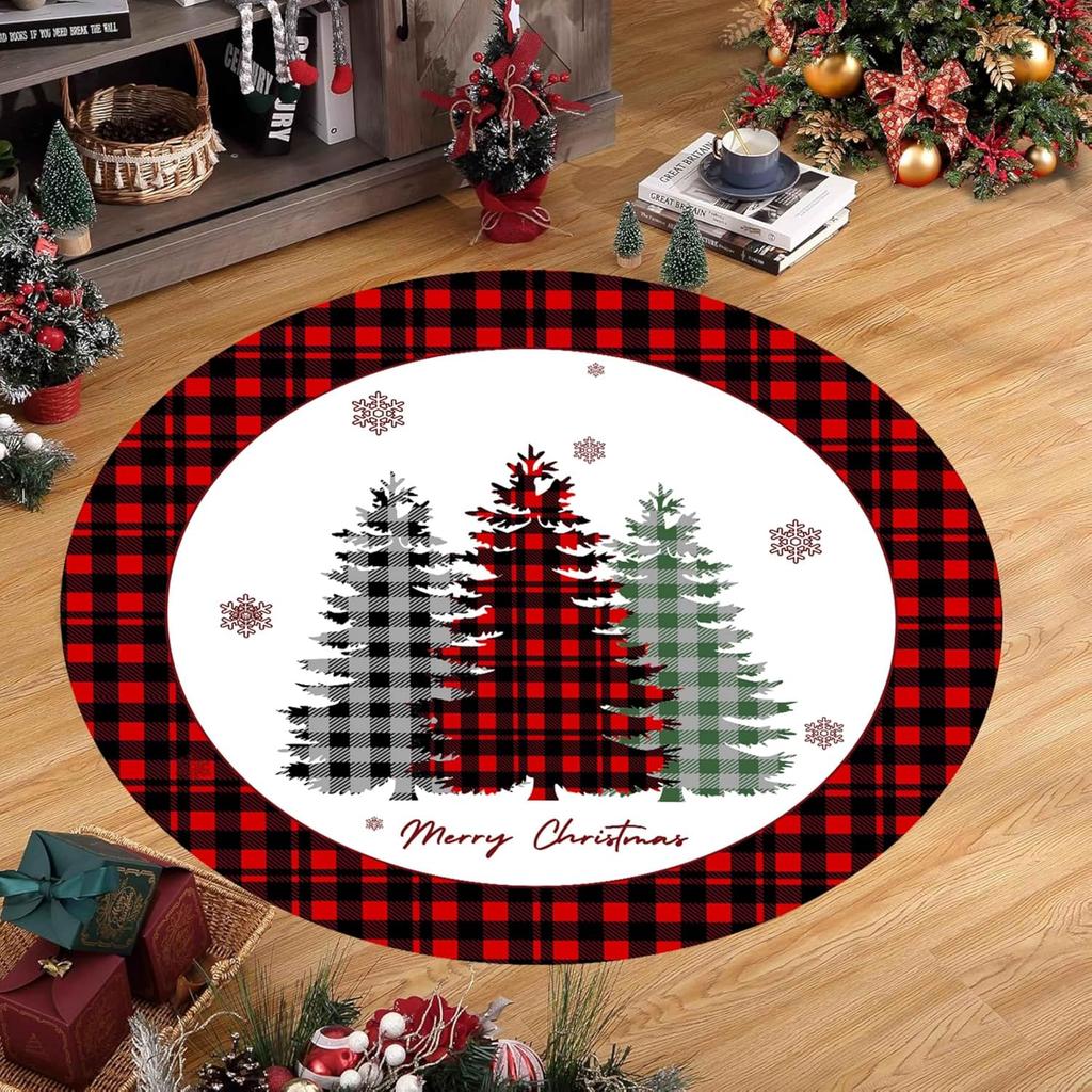 Festive Nordic Round Mat Pine Trees Pattern Area Rug Anti Slip Merry Christmas Carpet Bedside Sofa Elegant House Room Addition