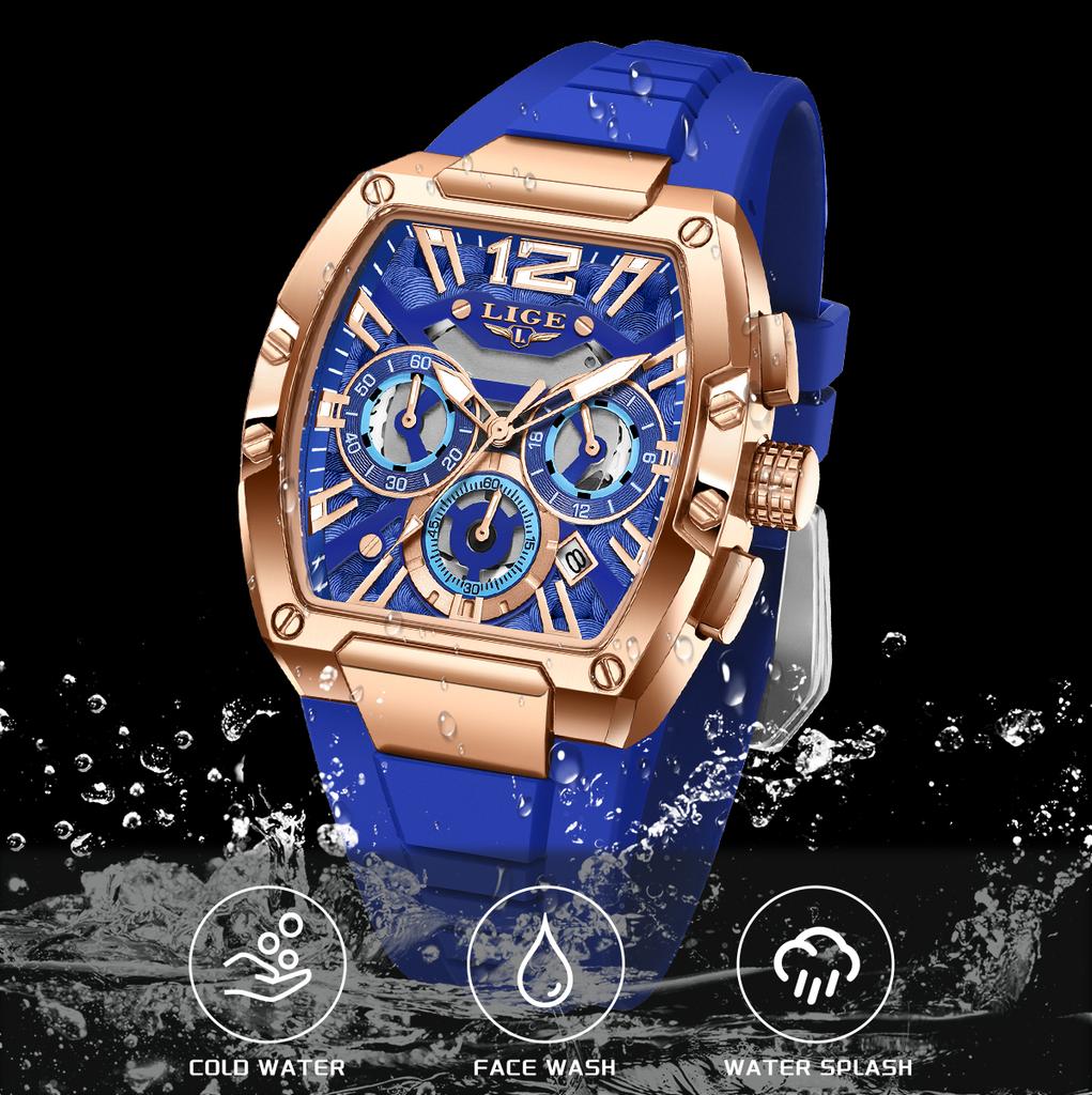 LIGE New Men's Watch Multi Functional Quartz Rectangular Golden Sports Clock Casual Fashion Silicone Strap Men Watch+Box