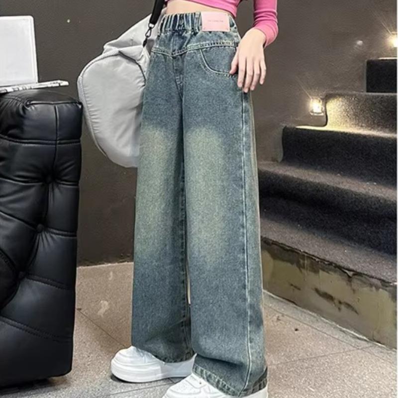 5-14 Years Spring Autumn Girls Jeans Fashion Retro And Vintage Five-pointed Star Pattern Embroidery Wide-Leg Pants For Teen Girl