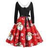 Women Vintage Long Sleeve Christmas Print 1950s Housewife Evening Party Prom Dress