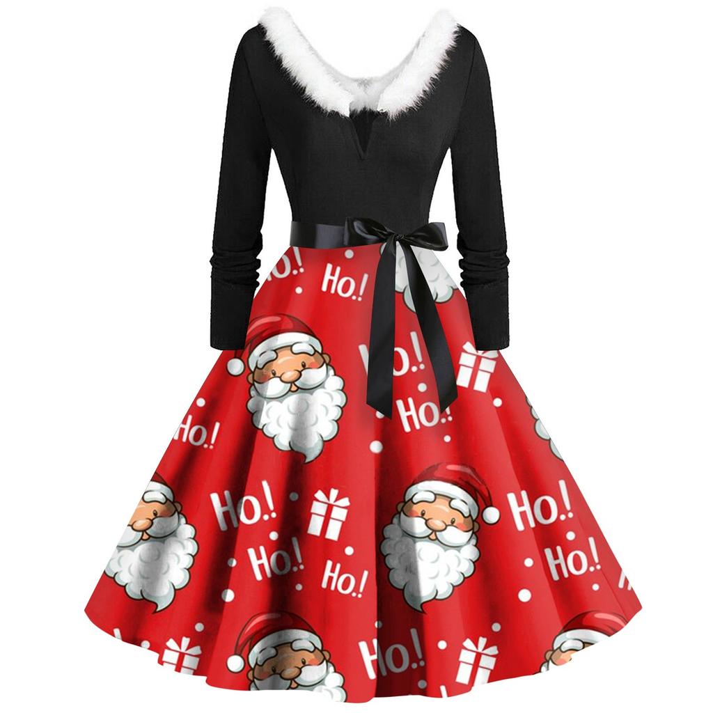 Women Vintage Long Sleeve Christmas Print 1950s Housewife Evening Party Prom Dress