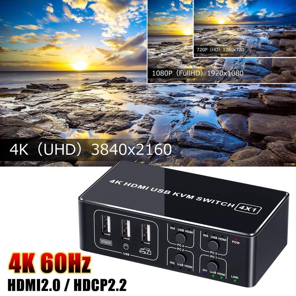 Переключатель KVM ELEVIEW 4K HDMI USB-переключатель 4 порта 4 Share Простое подключение Драйвер не требуется Ручной переключатель USB-кабель в комплекте (для ПК) 4K@60Гц HDMI2.0