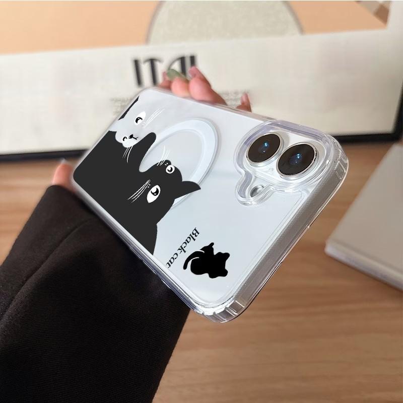 Магнитный чехол для телефона для iPhone 17 17E 16 16E 15 14 13 12 11 Air Pro Max Plus Милый рисунок кошки Прозрачный мягкий ТПУ Тонкая крышка