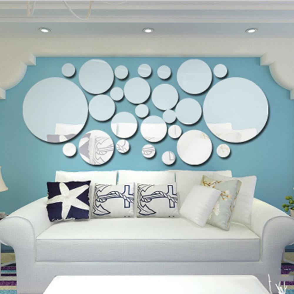 32Pcs Silver 3D Mirror Wall Sticker Circle Home Background Decoration Mirror Decals Living Room