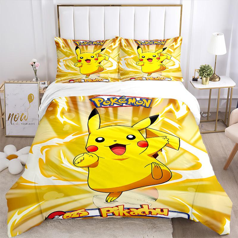 3pcs bedding set Pikachu Electric Includes 1 Comforter + 2 Pillowcases, Without Pillow Inserts, Soft Comfortable, Lightweight Breathable, Pr