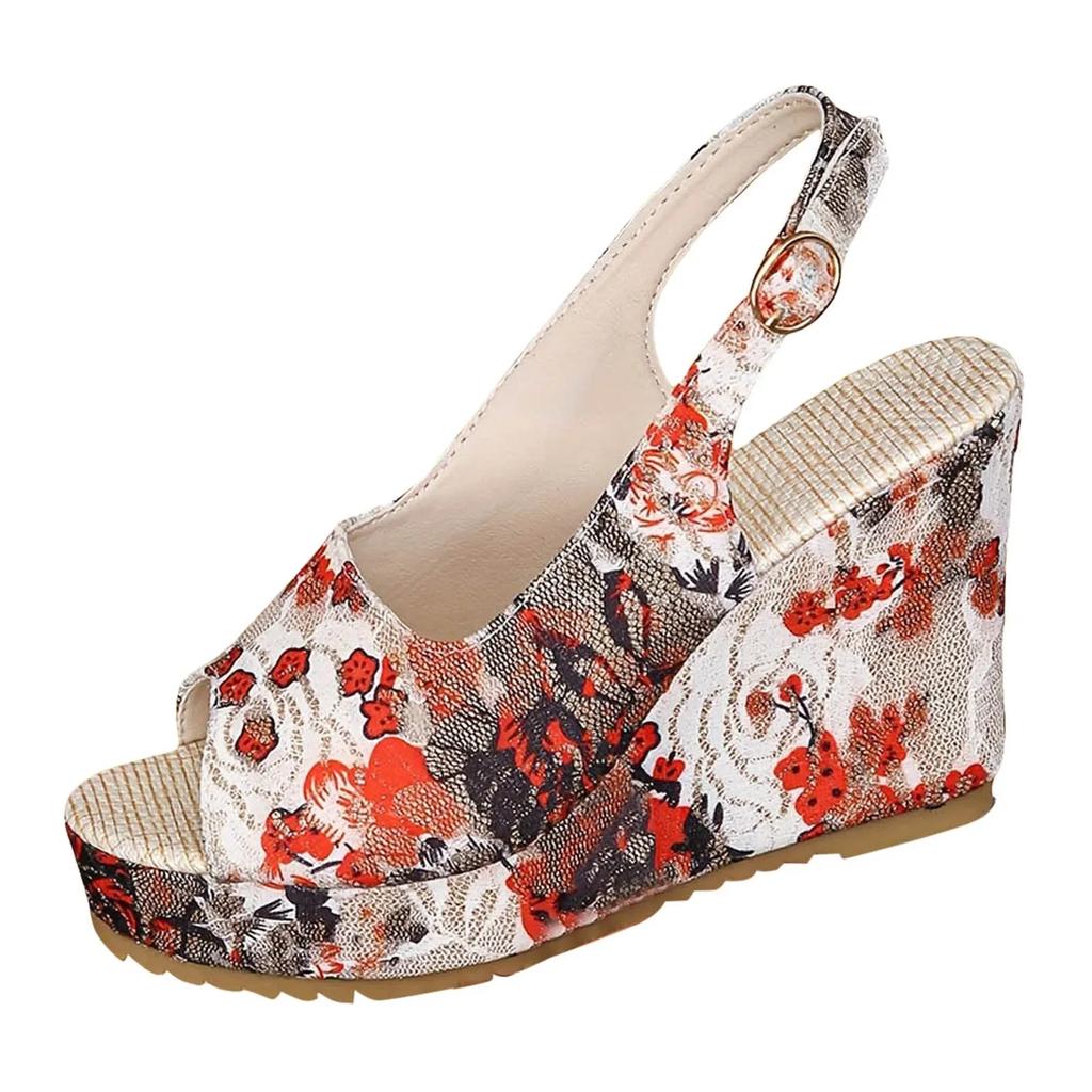 Women Fashion Thick Heel Sandals Wedge Platform Sandals Fish Mouth Print High Heel Women'S Sandals Shallow Cut Shoes Woman 2024