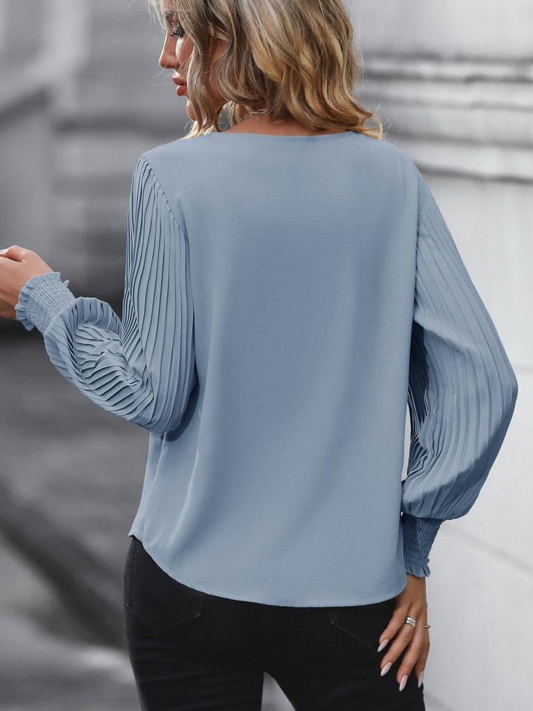 2025 Women's Solid Color Shirt with Pleated Lantern Sleeves Casual Office Tops for Spring Autumn Hot Sale