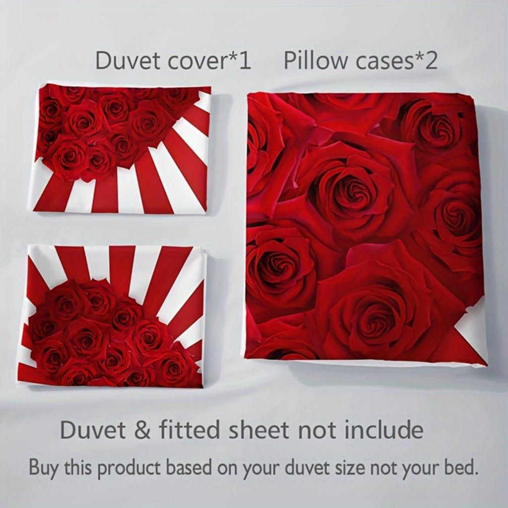 Red Rose Heart Stripe Bedding Set Romantic 3D Print Duvet Cover Pillowcase Breathable Wrinkle-Free For Valentine Bedroom Decor