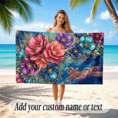 Floral Garden Theme Quick Dry Beach Towel Custom Name Text Print Large Sand Resistant Towel Beach Vacation